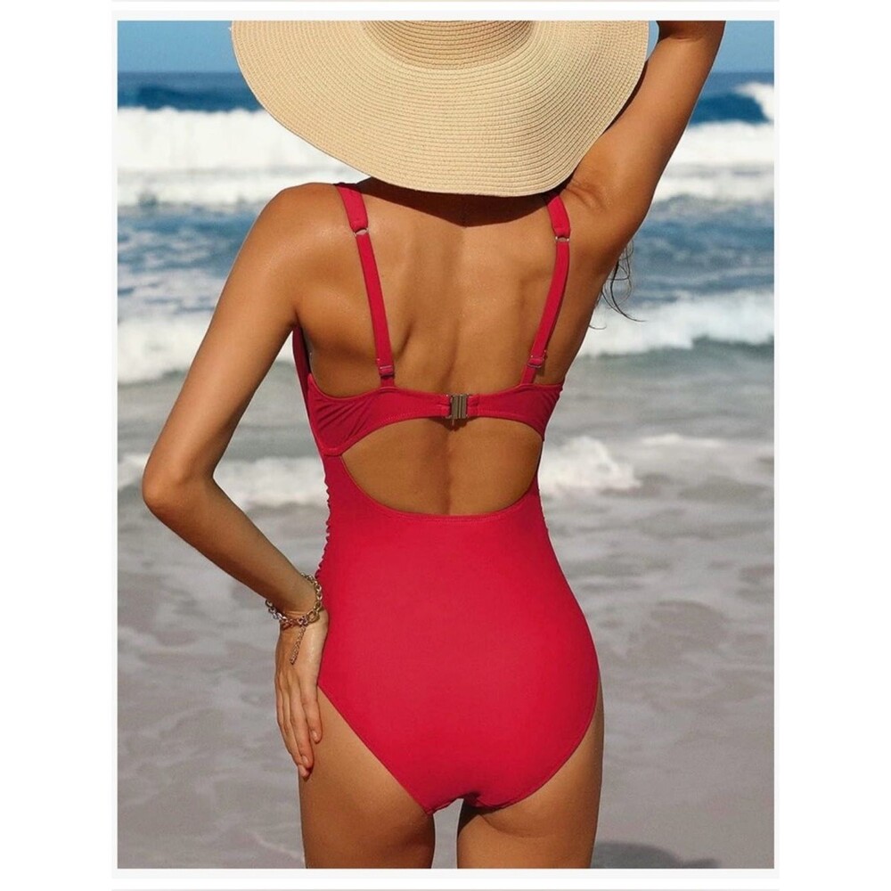 Charmo One Piece Swimsuit Cutout Red High Waisted Monokini Red Medium NWT - Picture 3 of 10